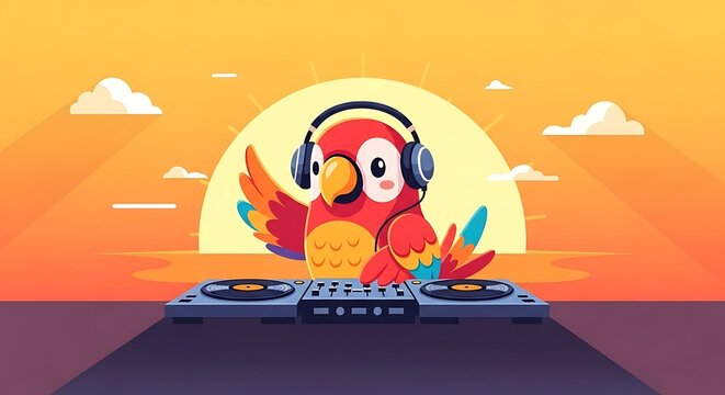 A cartoon parrot DJ, wearing headphones, stands behind a mixing deck at sunset with clouds and sun, in a flat design