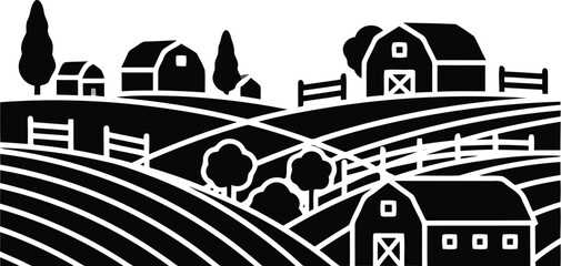 black and white illustration of farm landscape with barns and fields © SAIF820