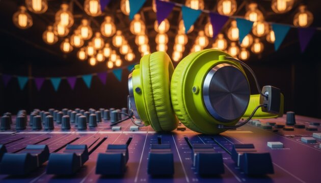 Professional lime green headphones resting on a purple mixing console in a music studio with glowing edison bulbs and festive bunting for creative branding