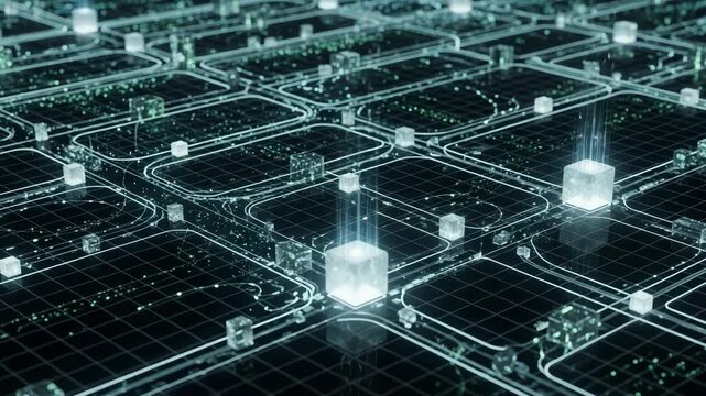 Abstract digital network with glowing cubes and interconnected lines representing data flow and advanced technology concepts.