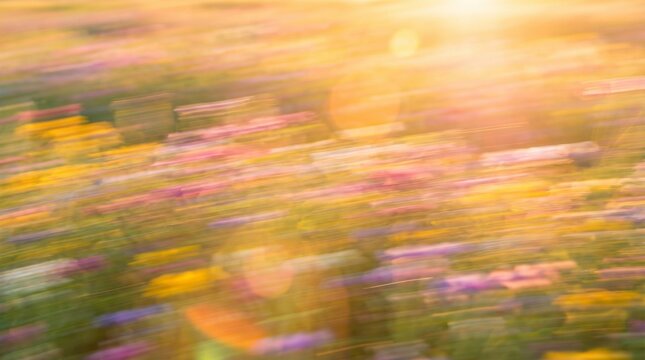 Abstract Motion Blur of Wildflower Meadow at Golden Hour Sunset