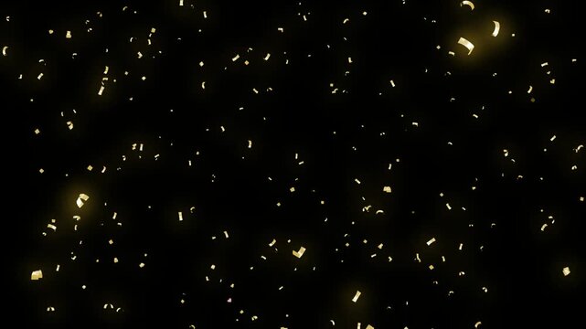 Festive pink hearts floating with falling gold confetti pieces against a deep black dark background celebration theme