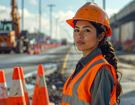 Construction cones and safety helmet, road work concept, industrial background