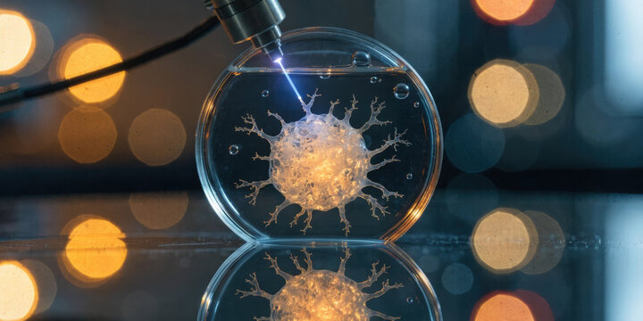 Medical research cultured cell sphere under microscope with laser probing in lab
