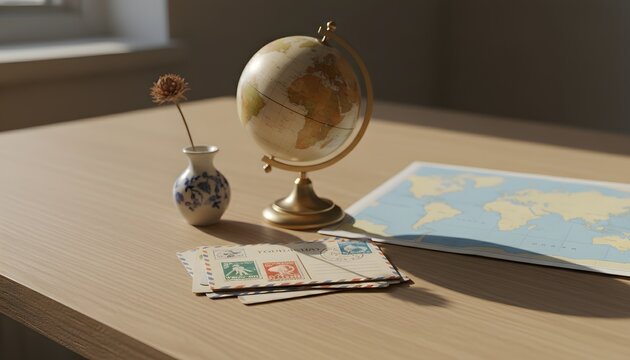 Vintage globe and world map with airmail letters on a sunlit desk for World Tourism Day and souvenir shopping concept, representing global travel planning and nostalgia