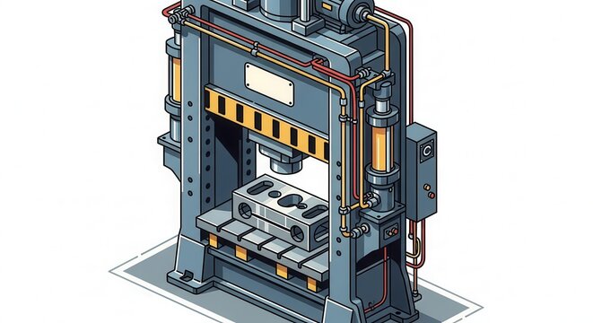 Industrial hydraulic press machine performs metal stamping on a factory floor.