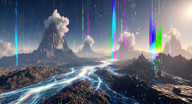 Futuristic landscape with glowing river and digital rain, abstract technology concept