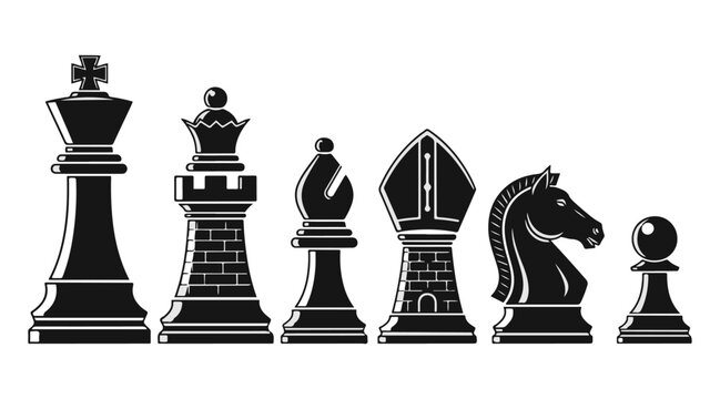 Professional chess piece silhouettes including king, queen, bishop, knight, and pawn for strategic gaming concepts.