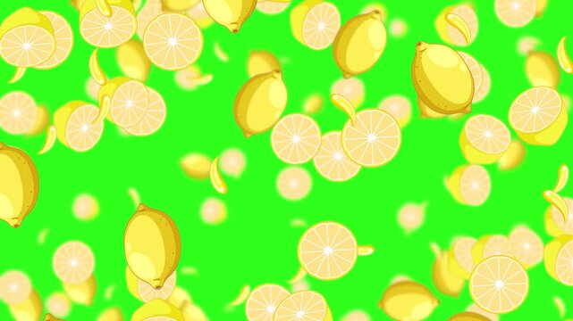 Fresh lemon slices and whole lemons falling and tumbling in a seamless loop on a vibrant green screen background.