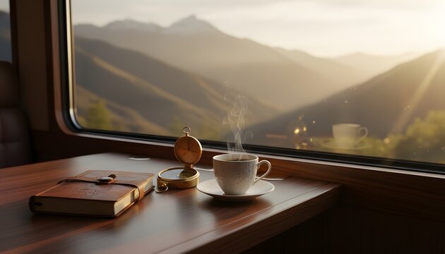 Steaming cup of coffee on a train journey with a compass and journal on a table overlooking misty mountains for a World Tourism Day adventure and discovery concept