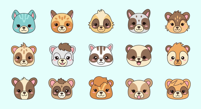 Collection of cute cartoon animal faces.
