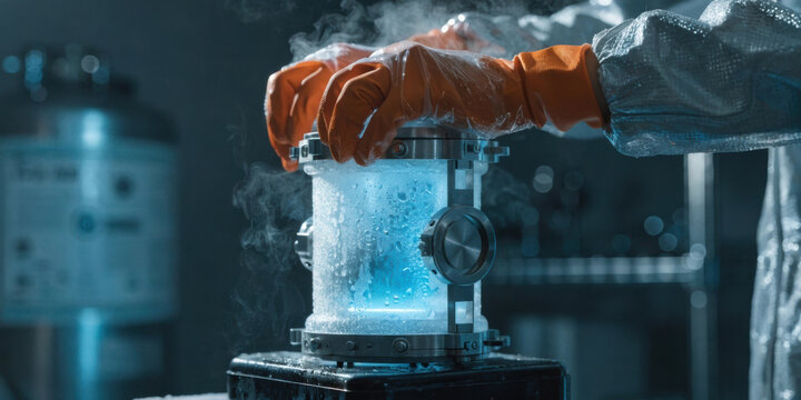 Cryogenic lab vial with medical research equipment and gloved hands handling frozen sample