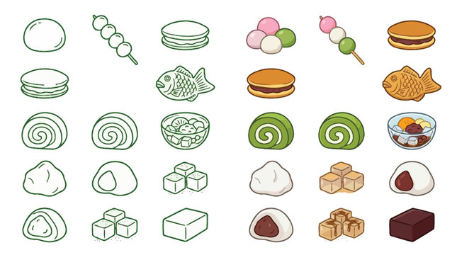 A delightful collection of Japanese sweets and desserts, showcasing a variety of traditional and popular treats in a charming illustration.