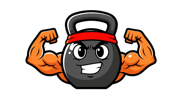 Cartoon kettlebell with flexed muscles smiling.