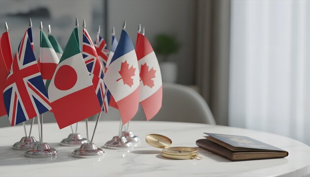 Small world flags on a table with a compass and passport for World Tourism Day concept, representing global travel planning and international diplomacy in a bright setting