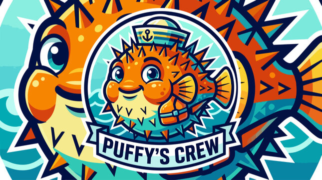 Cartoon fish mascot logo puffys crew.
