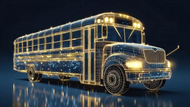 A futuristic digital 3D model of a school bus, gleaming with radiant lights, set against a dark, minimalist backdrop. ..Created with Generative AI, not depicting real subjects.