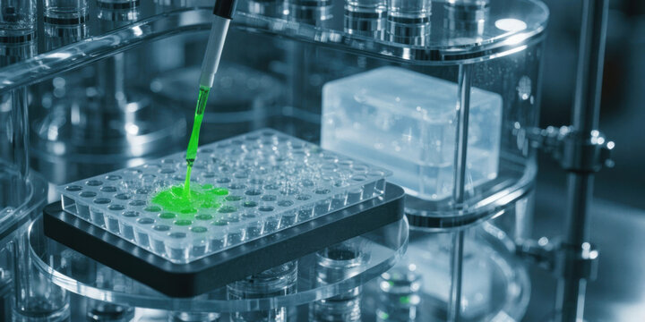 Medical research scientist pipetting green reagent into microplate creating experimental assay
