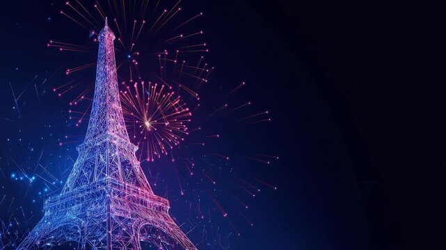 A mesmerizing night of celebration unfolds as fireworks illuminate the iconic Eiffel Tower against a deep navy sky. ..Created with Generative AI, not depicting real subjects.