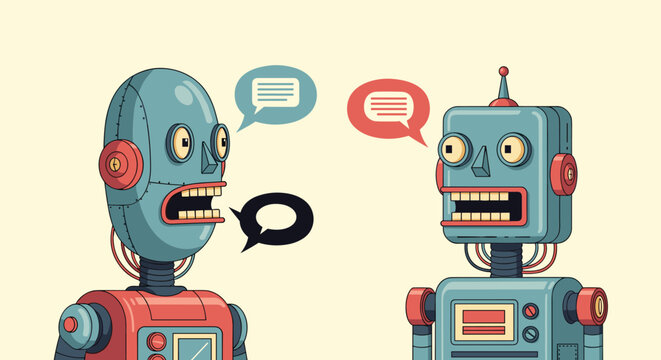 Two retro style robots engage in an animated conversation with colorful speech bubbles in a charming pixel art design.