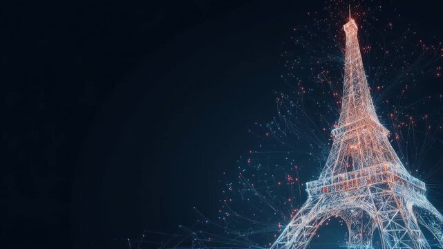 A digital representation of the Eiffel Tower shines brightly, depicting a modern and artistic rendering of the iconic landmark.  ..Created with Generative AI, not depicting real subjects.