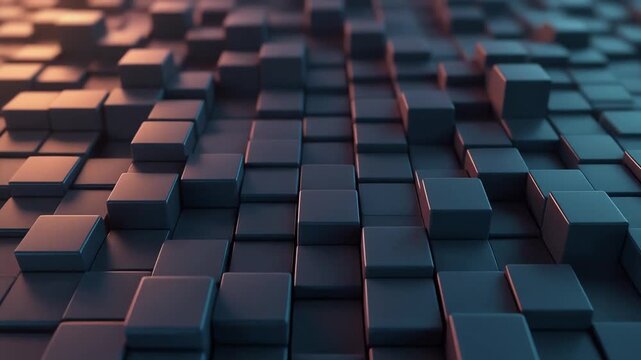 Dynamic abstract background of interconnected dark cubes with contrasting warm and cool light, creating a modern geometric pattern and futuristic texture