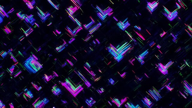 Abstract geometric pattern in vibrant neon colors and lines, on a deep black background, creating a digital feel