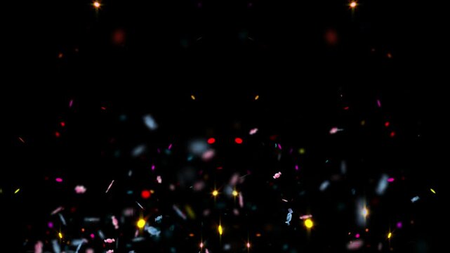 Festive celebration background featuring falling colorful candy and glowing heart shapes on a dark night sky backdrop