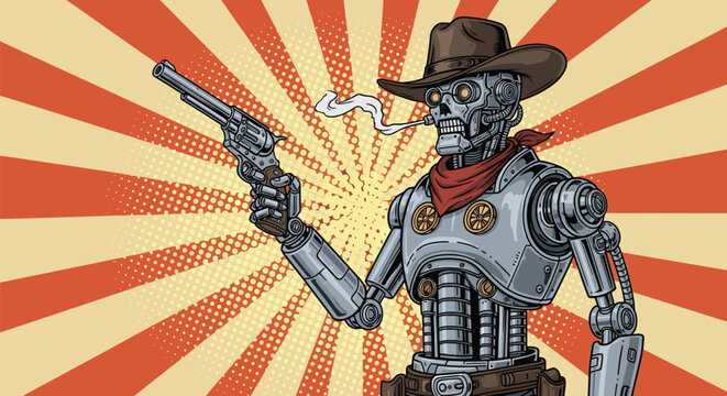 Menacing robot cowboy in a western hat holds a smoking gun against an orange sunburst in a futuristic pop art style.