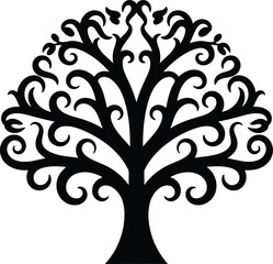 Obraz premium Black silhouette of a tree with curly branches on white background