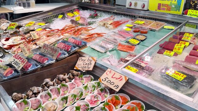 Fresh Seafood Display at Tsukiji Outer Fish Market in Tokyo Japan