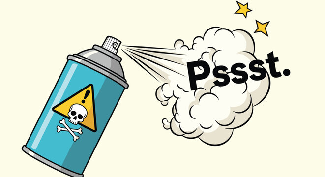 Blue spray can with a yellow warning skull and crossbones icon sprays a large cloud of mist with psst sound effect.