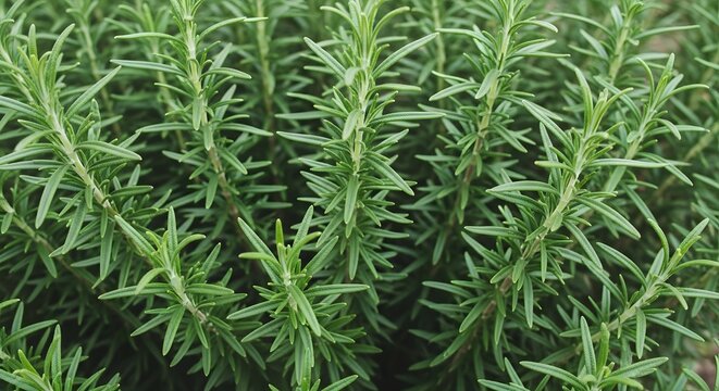 Closeup of fresh green rosemary plant branches with needlelike leaves in detail