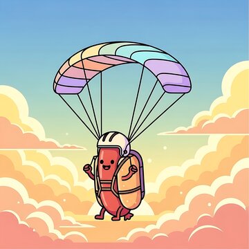 Animated cartoon depiction of a smiling hot dog wearing a helmet and parachute descending from a sky filled with clouds