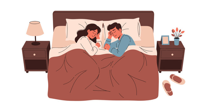 Young couple sleeps peacefully together in a large bed with bedside tables and a warm lamp in a cozy bedroom scene.