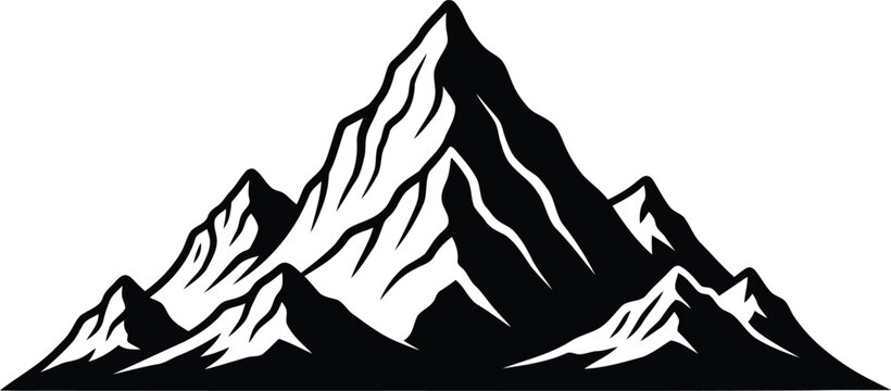mountain range landscape silhouette, black and white illustration, peak, hills, adobe stock image