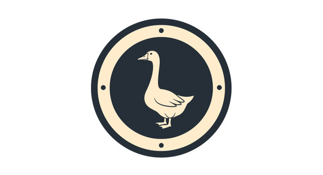White duck in circular emblem logo.