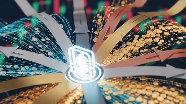 Abstract visualization of a central glowing blockchain or cryptocurrency icon with radiating arrows carrying digital assets and financial data in a decentralized network.