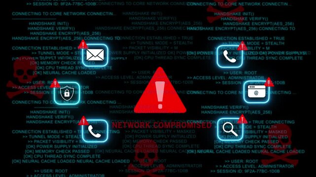 Close-up of a warning sign indicating a compromised system, on Black Background and features 4k Animation video