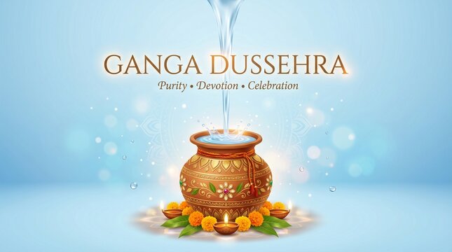 Ganga dussehra sacred kalash with flowing water and diya decoration on blue background showing purity devotion ritual culture for festival banner design