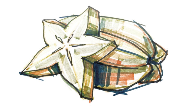 Abstract marker illustration of starfruit star fruit tropical fruit on png background.