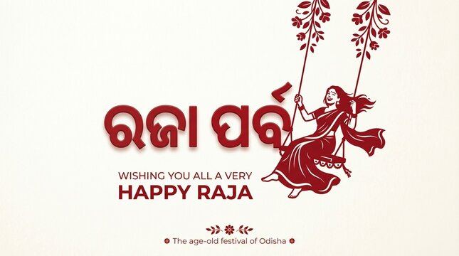 Raja parba odia greeting design with traditional swing woman illustration in red theme minimal background highlighting odisha culture heritage joy for festive card branding and banner use