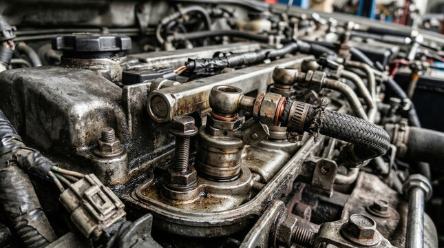 Detailed close-up of a dirty diesel car engine with fuel injectors and mechanical parts