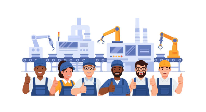 Diverse Factory Workers Giving Thumbs Up in Modern Automated Production Line