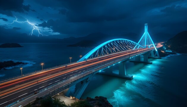 Futuristic Blue Neon Bridge at Night with Lightning Strike and Traffic
