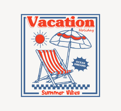 retro summer vacation t shirt design featuring a beach chair, umbrella, and sun with vintage typography and ocean vibes for apparel, streetwear, hoodie and etc