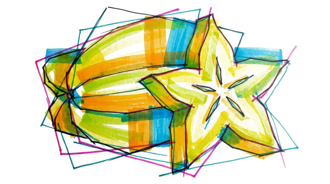 Dynamic starfruit star fruit drawing with messy marker strokes on png background.