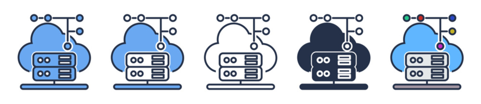 cloud computing and server database icon set with connected network components in outline flat and glyph style for technology and data infrastructure