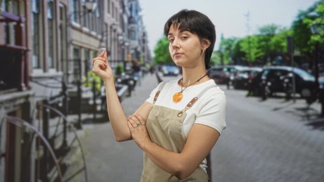 Woman jeweler holding ring between fingers, hand raised on a street with an apron visible; craft pride.