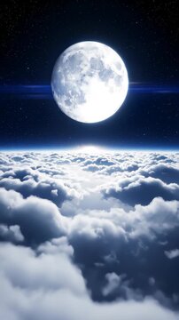 Beautiful Moon in the Skies Flying Over the Infinite Clouds with the Night Moon Shining Seamless Looped 3d Animation with Moonlight Over the Horizon 4k Ultra HD
